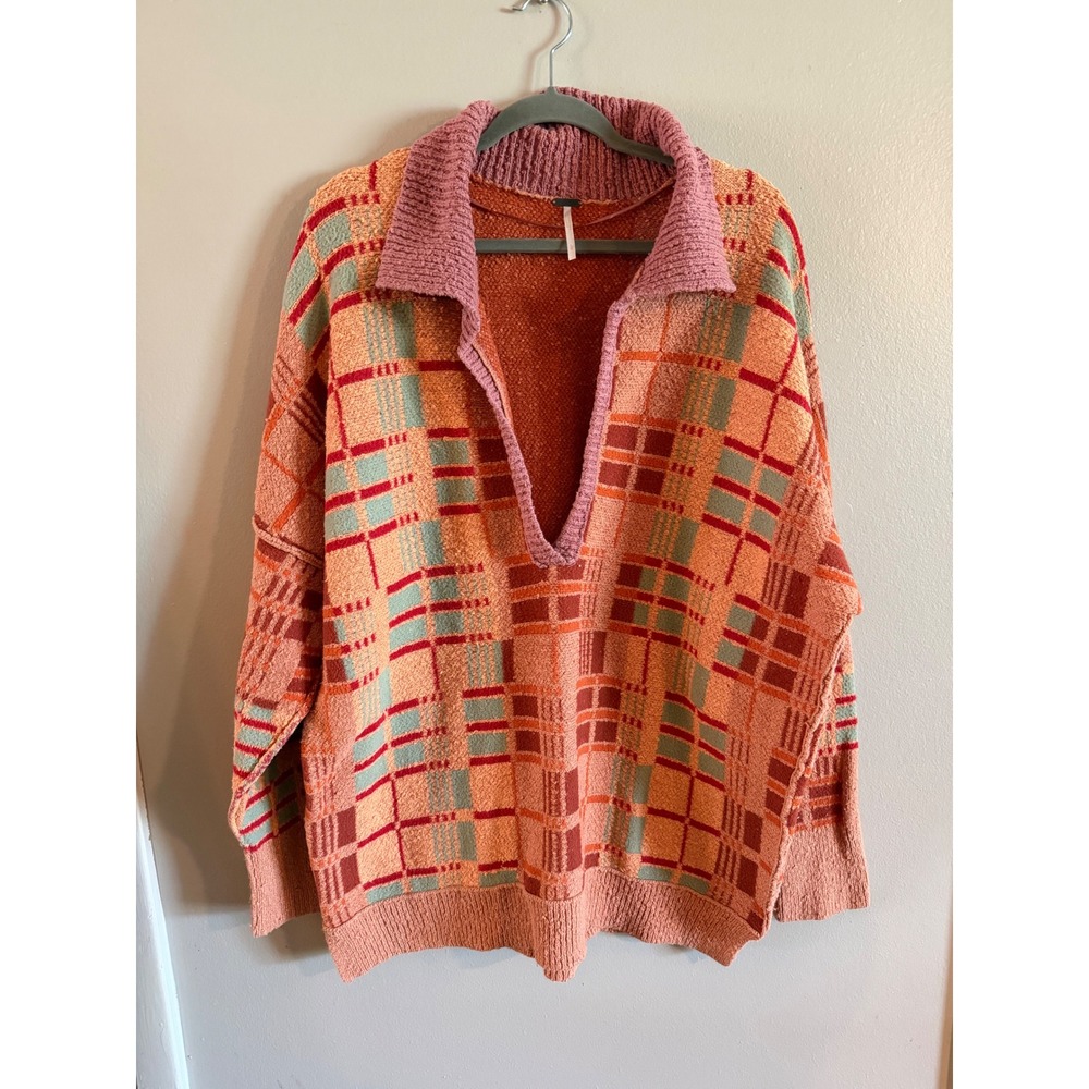Free People Womens Oversized Plaid Knit Sweater Orange Pink V-Neck Pullover Larg